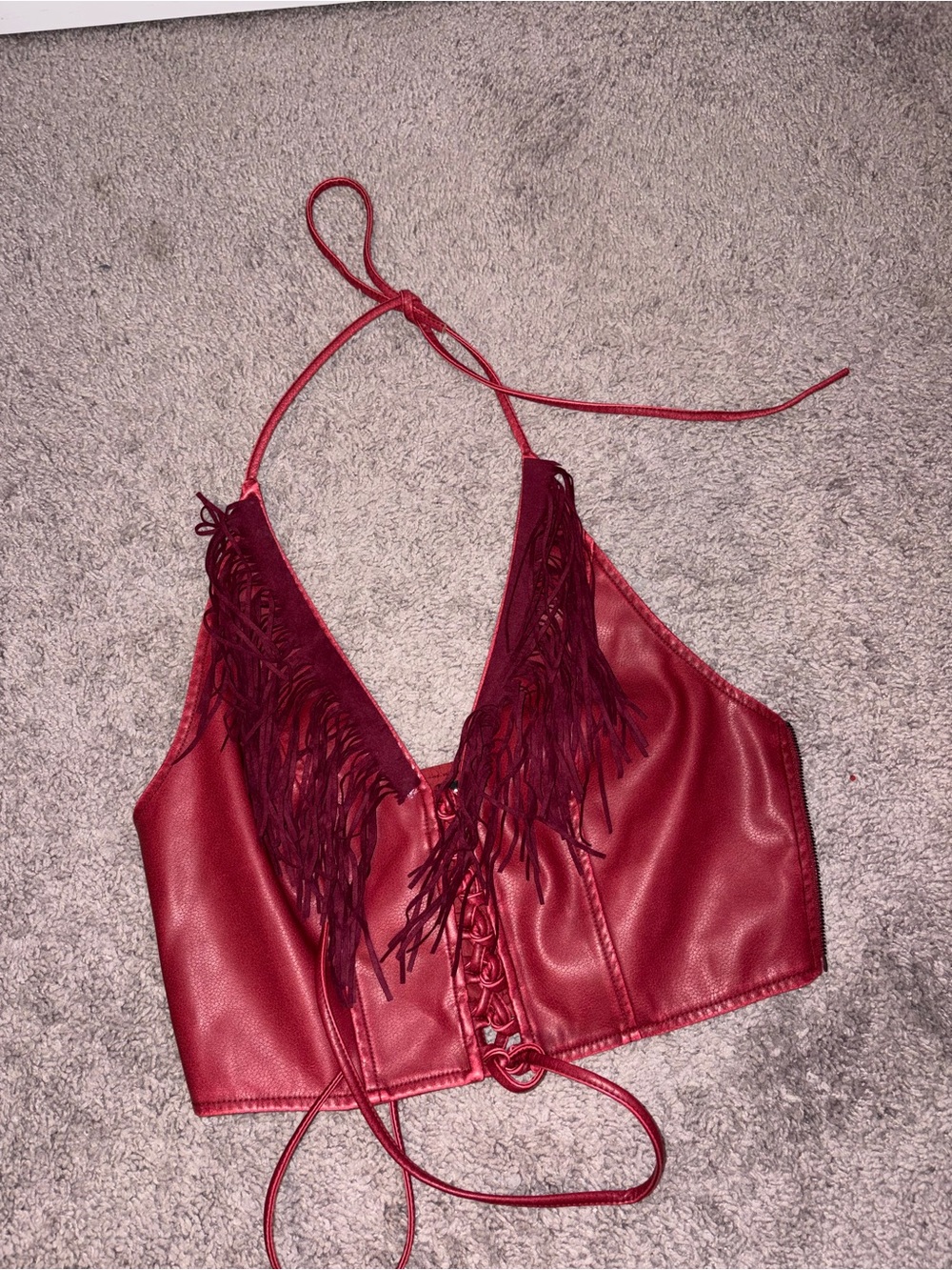 Red Faux-Leather Halter Fringe Crop Top